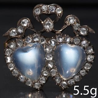 VICTORIAN MOONSTONE AND DIAMOND DOUBLE HEART BROOCH