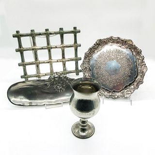 4pc Vintage Pewter Silver Trays And Goblet Set