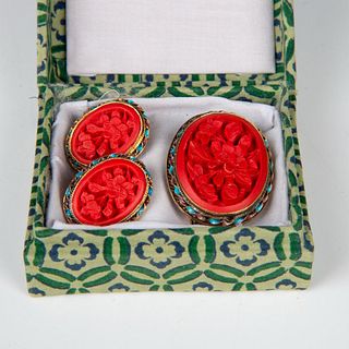 2pc Chinese Sterling Cinnabar Floral Pin & Clip-On Earrings