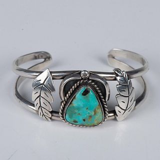 Native American Sterling Feathers & Turquoise Cuff Bracelet