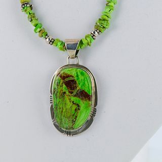 Phillip Sanchez Navajo Sterling Silver Green Stone Necklace