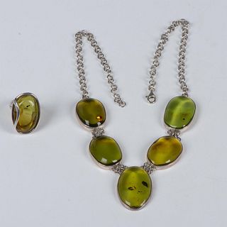 2pc Nice Sterling & Caribbean Green Amber Necklace and Ring