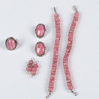6pc Sterling & Rhodochrosite Clip-On Earrings, Bracelets and Ring