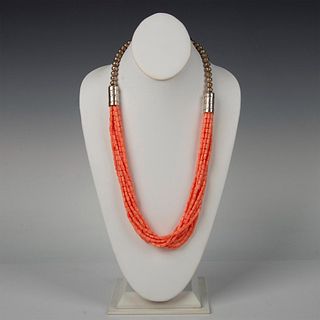 Native American Sterling Silver and Coral Beaded Necklace
