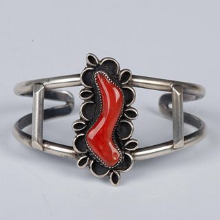 Native American Sterling Silver & Coral Cuff Bracelet
