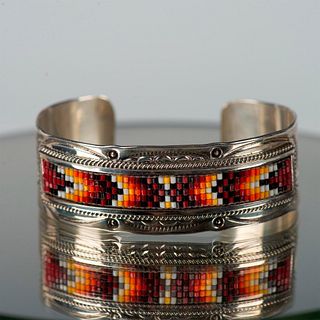 Native American Colorful Bead Work Sterling Silver Bracelet
