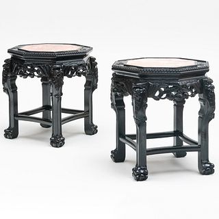 Pair of Chinese Ebonized and Inset Marble Low Tables, Modern