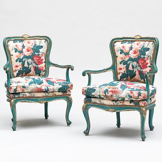 Pair of Italian Rococo Style Blue Painted and Parcel-Gilt Armchairs, Probably Venetian
