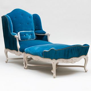 Louis XV Style White Painted and Prelle Blue Velvet Upholstered Duchesse Brisée