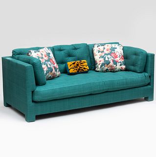 Green Matka Tufted Upholstered Sofa, together with Three Chintz Pillows and a Tiger Lumbar Pillow