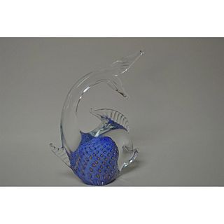 Murano Glass Large Blue And Gold Tropical Fish, Vintage
