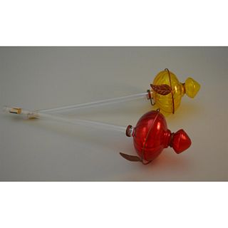 Bird Brain Art Glass Forget Me Not Watering Stakes In Red And Yellow Glass Bulbs, Pair
