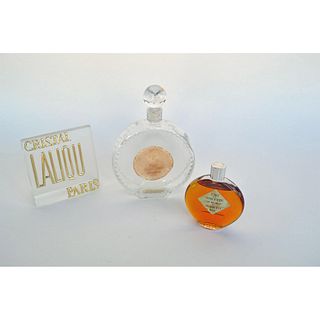 Lalique Crystal Vintage Perfume Bottles And Lalique Crystal Advertising Sign, Early, 3 Pcs