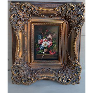 P.Calos Original Oil Floral Painting, Gold Ornate Frame