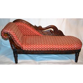 Miniature European Mahogany Hand Carved And Crafted Swan Sofa, Upholstered In Red/Gold Pattern Damask