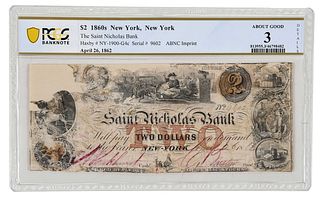 Desirable Saint Nicholas $2 Bank Note, New York, 1862