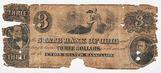 State Bank of Ohio $3 Bank Note, Union Branch, Massillon, 1860s