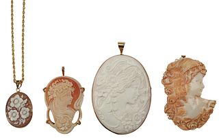(4) ESTATE ITALIAN 14KT YELLOW GOLD & CARVED SHELL CAMEO PENDANT BROOCHES