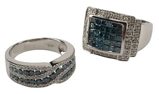(2) ESTATE 14KT WHITE GOLD WHITE & IRRADIATED BLUE DIAMOND RINGS