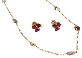 (2) ESTATE 14KT YELLOW GOLD & MULTI-COLOR GEMSTONE NECKLACE & EARRINGS