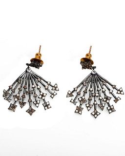 Pair of diamond, blackened silver & 14k gold earrings