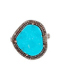 A turquoise, diamond and blackened silver ring