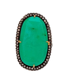 A chrysoprase, diamond and blackened silver ring
