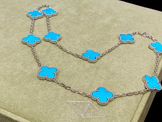Van Cleef & Arpels Vintage Alhambra 18K White Gold 10 motifs Turquoise Long Necklace