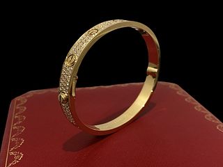 Cartier 18K Yellow Gold Diamond-Paved Love Bracelet Size 18
