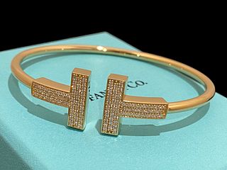 Tiffany T Wide Diamond Wire Bracelet in 18k yellow Gold
