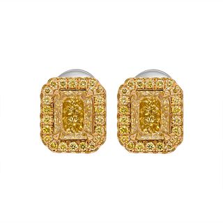 Double edge halo studs with 2.43 carat GIA Certified Radiant Shape Diamonds in 18K Yellow Gold