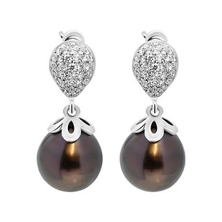 Drop Earring 14K White Gold with 10mm Freshwater Grey Pearl and diamonds