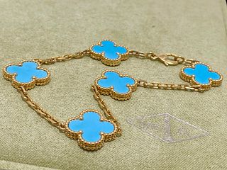 Van Cleef & Arpels 18K Yellow Gold Turquoise Vintage Alhambra 5 Motifs Bracelet