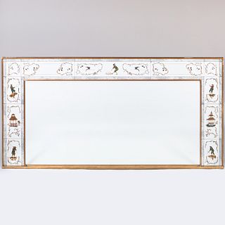 Modern Chinoiserie Decorated Giltwood and Verre Églomisé Overmantle Mirror