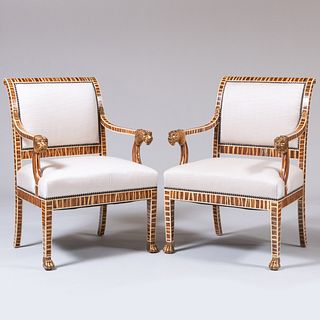 Pair of Empire Style Faux Painted and Parcel-Gilt Armchairs