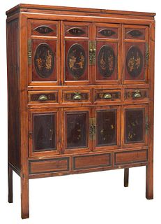 CHINESE ELMWOOD FIGURAL PAINTED CABINET