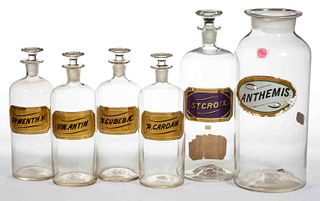 LABEL UNDER GLASS APOTHECARY BOTTLES / JARS, LOT OF SIX