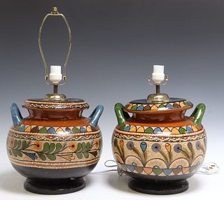 (2) POLYCHROME GLAZED EARTHENWARE POTTERY LAMPS, MEXICO
