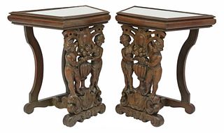 (2) RENAISSANCE REVIVAL FIGURAL CARVED SIDE TABLES WITH MIRRORED TOPS