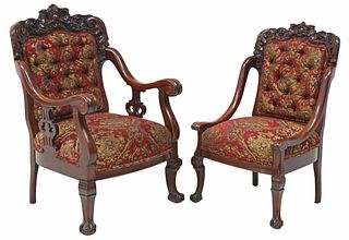 (2) KARPEN (ATTRIB.) RENAISSANCE STYLE CARVED MAHOGANY HIS & HER ARMCHAIRS