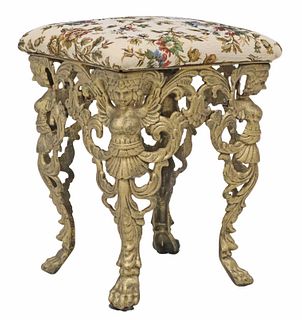 UPHOLSTERED & GILT-PAINTED CAST IRON STOOL