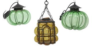 (3) IRON AND COLORED GLASS LANTERNS, MEXICO