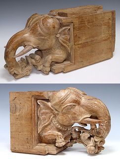 (2) LARGE CARVED WOOD ELEPHANT HEAD ARCHITECTURALS, INDIA