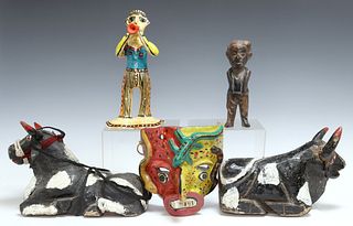 (5) MEXICAN FOLK ART POTTERY & CARVED WOOD FIGURES