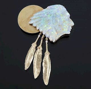 LONI ANDERSON OPAL AND DIAMOND INDIAN HEAD BROOCH