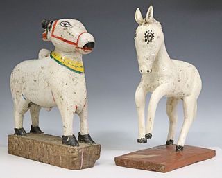(2) FOLK ART CARVED & PAINTED WOOD HORSE & BULL FIGURES