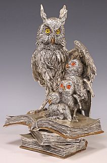 ITALIAN SILVER-PLATED SCULPTURE, OWLS ON STACK OF BOOKS
