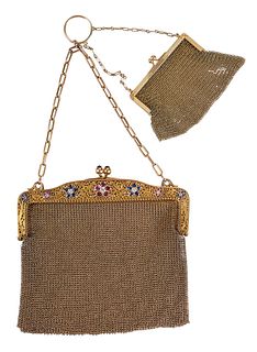 18kt. Gold Mesh Purse Accented with Rubies, Blue Sapphire and Diamonds; 14kt. Change Purse 