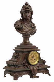 FRENCH NEOCLASSICAL PATINATED METAL FIGURAL MANTEL CLOCK