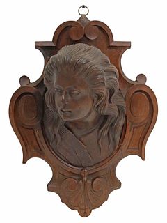 VICTORIAN CARVED WOOD RELIEF PLAQUE, FEMALE PORTRAIT